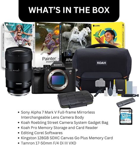 كاميرا Sony Alpha 7 Mark V كاملة الإطار بدون مرآة - عدسة قابلة للتبديل، وقدرات فيديو 4K، وحزمة تقنية التركيز التلقائي المتقدمة مع برامج التحرير، وعدسة 117-50 مم، والملحقات (6 عناصر) in Saudi Arabia
