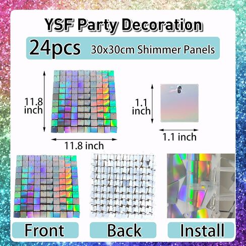 YSF 24Pcs Rainbow Silver Shimmer Wall Panels Backdrop Decoration, 12 * 12 inch Sequin Square Shimmer Decor for Balloon Garland Arch Kit Valentine's Day Birthday Party Supplies in Saudi Arabia