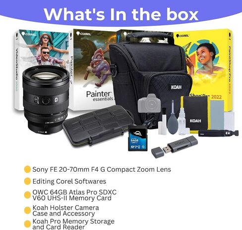 Sony FE 20-70mm F4 G Compact Zoom Lens - Professional Photography Gear with Fast Autofocus - Full-frame E-Mount Bundle with 64GB Memory Card, Editing Software, Camera Case, and Accessories (5 Items) in Saudi Arabia