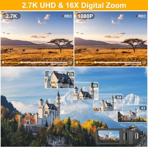 كاميرا فيديو UHD 2.7K 30FPS 36MP IR Night Version Vlogging Camera Recorder 3.0 بوصة تعمل باللمس 16X كاميرا تكبير رقمية مع ميكروفون، مثبت يدوي، غطاء عدسة، جهاز تحكم عن بعد، بطاريتان in Kuwait