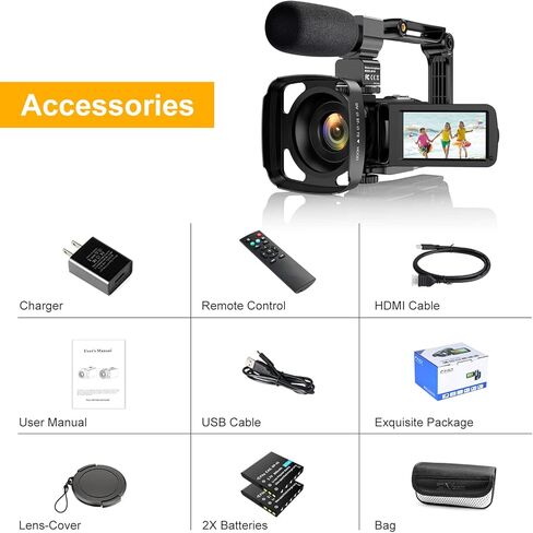 كاميرا فيديو UHD 2.7K 30FPS 36MP IR Night Version Vlogging Camera Recorder 3.0 بوصة تعمل باللمس 16X كاميرا تكبير رقمية مع ميكروفون، مثبت يدوي، غطاء عدسة، جهاز تحكم عن بعد، بطاريتان in Kuwait