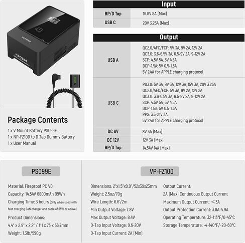 Neewer PS099E بطارية Mini V Mount 6800mAh 99Wh 14.5V مع بطارية الدمية NP-FZ100 65W PD Type C/USB A/D Tap/BP/Dual DC/OLED لشاشة كاميرا الفيديو المتوافقة مع SmallRig BMPCC 4K 6K in Saudi Arabia