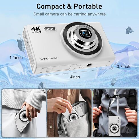 4K Digital Camera for Photography with 5X Optical Zoom, 64MP Autofocus Vlogging Camera, 16X Digital Zoom Compact Travel Camera with Wifi, Anti-Shake, 2 Batteries for Beginners and Teens(White) in Saudi Arabia