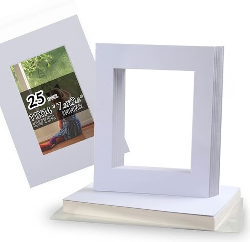 Acid Free 25 Pack 11x14 Pre-Cut Mat Board Show Kit for 8.5x11 | Photos, Prints or Artworks, 25 Core Bevel Cut Matts and 25 Backing Boards and 25 Crystal Plastic Bags, White in Saudi Arabia