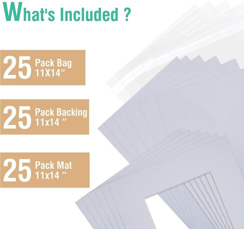 Acid Free 25 Pack 11x14 Pre-Cut Mat Board Show Kit for 8.5x11 | Photos, Prints or Artworks, 25 Core Bevel Cut Matts and 25 Backing Boards and 25 Crystal Plastic Bags, White in Saudi Arabia