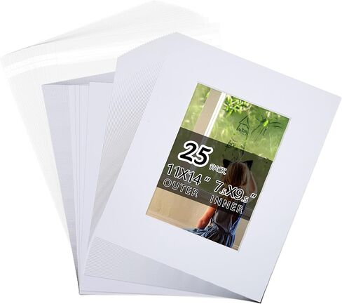 Acid Free 25 Pack 11x14 Pre-Cut Mat Board Show Kit for 8.5x11 | Photos, Prints or Artworks, 25 Core Bevel Cut Matts and 25 Backing Boards and 25 Crystal Plastic Bags, White in Saudi Arabia