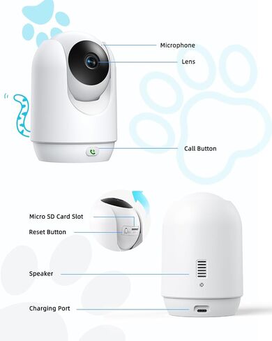 Pet Camera, 2K Indoor Security Camera, 360° Dog Camera with Phone App, Baby Monitor w/One-Touch Call, AI Motion Detection & Tracking, IR Night Vision, Cloud/SD Card Storage, 2.4GHz Wi-Fi, Blue in Saudi Arabia