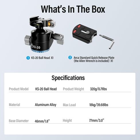 SIRUI 36mm Low Profile Ball Head KS-30, 360° Double Panoramic Aluminium Alloy Tripod Head for Camera, Camcorder, Professional Heavy Duty Ball Head for Tripod, Monopod, Camera Slider, Max Load 20KG in Saudi Arabia