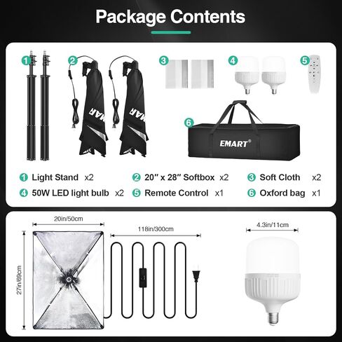 مجموعة إضاءة Softbox من EMART، مصابيح صندوقية ناعمة مقاس 20 بوصة × 28 بوصة مع مصابيح LED 2X 50W 3000K-6500K، مجموعة إضاءة تصوير احترافية لأضواء الاستوديو، وتسجيل الفيديو، والتصوير، والبودكاست، والبث المباشر in Saudi Arabia