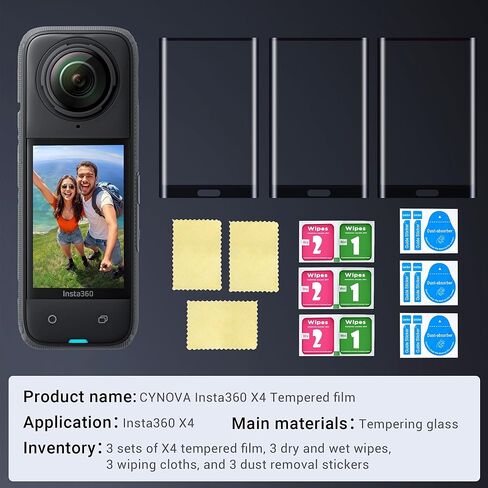 واقي شاشة CYNOVA Upgrade Insta 360 X4 من الزجاج المقسى لملحقات Insta360 X4، فائق الدقة، صلابة 9H، مقاوم للخدش، مضاد لبصمات الأصابع in Kuwait