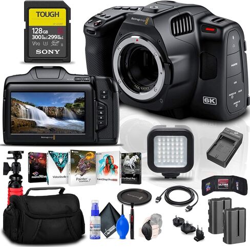 Blackmagic Design Pocket Cinema Camera 6K Pro (EF Mount) (CINECAMPOCHDEF06P) + 128GB Tough Card + Corel Photo Software + NPF550 Battery + Case + LED Light + Cleaning Set + HDMI Cable + More in Kuwait