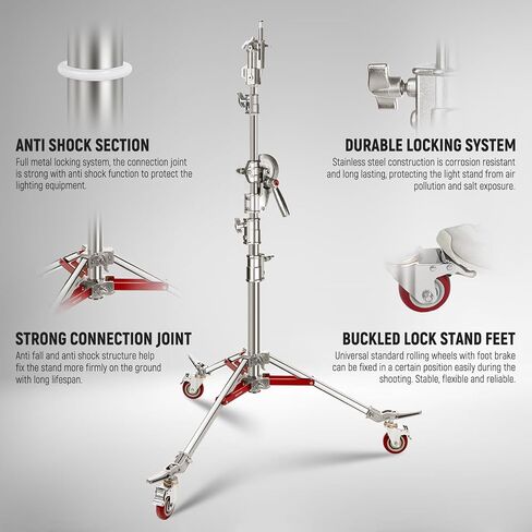 NEEWER Heavy Duty Air Cushioned C Stand with Boom Arm, 14.4ft Stainless Steel Light Stand with Casters & 7ft Holding Arm, Photography C Stand for Studio Flash Softbox Monolight Reflector, SC440AW in Saudi Arabia