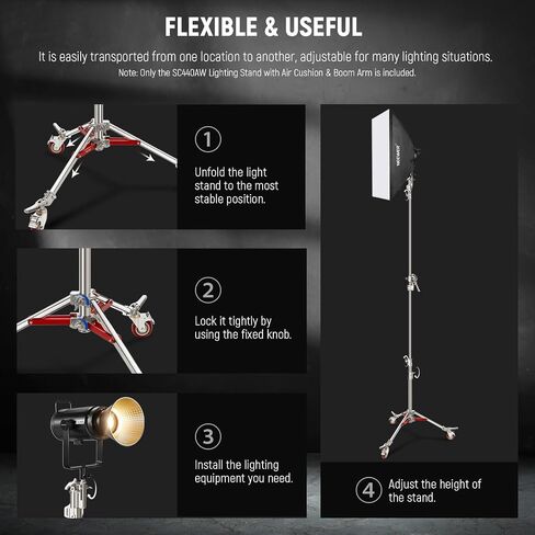 NEEWER Heavy Duty Air Cushioned C Stand with Boom Arm, 14.4ft Stainless Steel Light Stand with Casters & 7ft Holding Arm, Photography C Stand for Studio Flash Softbox Monolight Reflector, SC440AW in Saudi Arabia