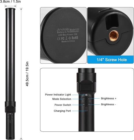 Andoer D2 أنبوب ضوء RGB محمول LED عصا إضاءة فيديو 2500K/5500K/8500K قابلة للتعتيم 7 تأثيرات ضوئية ملونة بطارية مدمجة لتصوير الفيديو المباشر لصورة المنتج in Saudi Arabia