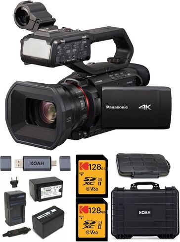 كاميرا فيديو Panasonic HC-X2000 4K Pro (أسود) مع (2) بطاقات SD سعة 128 جيجابايت وسرعة 300 ميجابايت/ثانية، وبطاريتين احتياطيتين ومجموعة شاحن، وحقيبة Koah مقاومة للطقس، وقارئ Koah PRO Type-C SD وحزمة حقيبة تخزين (7 عناصر) in Saudi Arabia