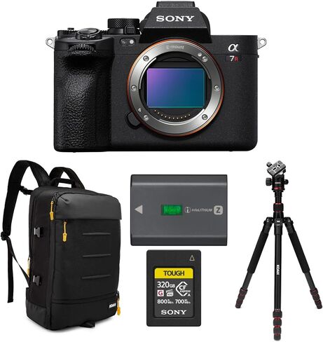 مجموعة هيكل كاميرا Sony Alpha a7R V كاملة الإطار بعدسة قابلة للتبديل مع بطاقة ذاكرة CFexpress Type A سعة 320 جيجابايت من سوني، حقيبة ظهر، حامل ثلاثي للكاميرا، حزمة بطارية قابلة لإعادة الشحن 2,280 مللي أمبير في الساعة (5 قطع) in Saudi Arabia