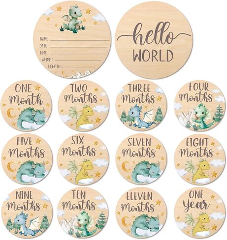 بطاقات معلم شهرية من Huray Rayho Little Dragon Baby علامات خشبية محايدة دعائم تصوير لحديثي الولادة مجموعة من 13 قرصًا خشبيًا من شهر واحد إلى عام واحد، سجل نمو الطفل in Kuwait