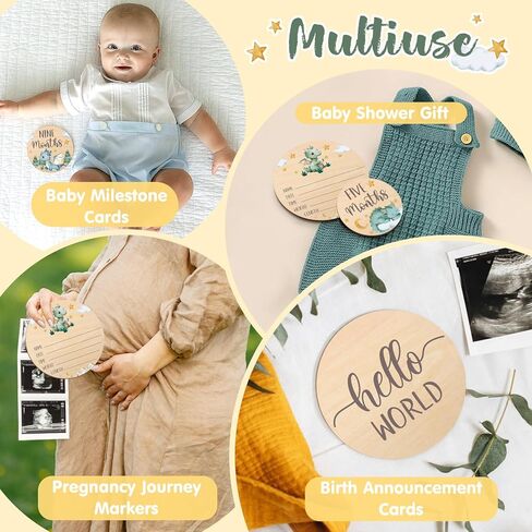 بطاقات معلم شهرية من Huray Rayho Little Dragon Baby علامات خشبية محايدة دعائم تصوير لحديثي الولادة مجموعة من 13 قرصًا خشبيًا من شهر واحد إلى عام واحد، سجل نمو الطفل in Kuwait