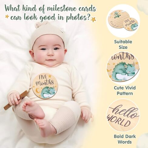 بطاقات معلم شهرية من Huray Rayho Little Dragon Baby علامات خشبية محايدة دعائم تصوير لحديثي الولادة مجموعة من 13 قرصًا خشبيًا من شهر واحد إلى عام واحد، سجل نمو الطفل in Kuwait