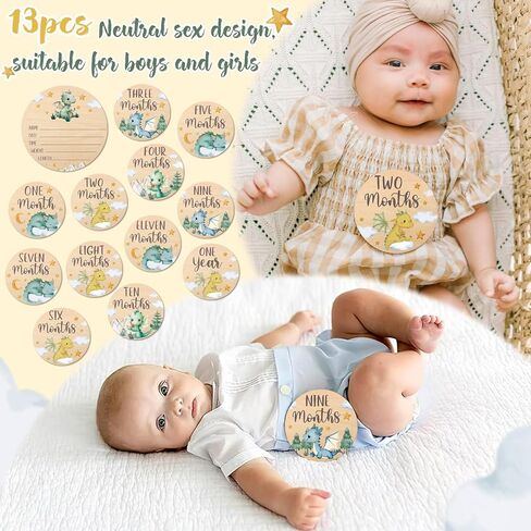بطاقات معلم شهرية من Huray Rayho Little Dragon Baby علامات خشبية محايدة دعائم تصوير لحديثي الولادة مجموعة من 13 قرصًا خشبيًا من شهر واحد إلى عام واحد، سجل نمو الطفل in Kuwait