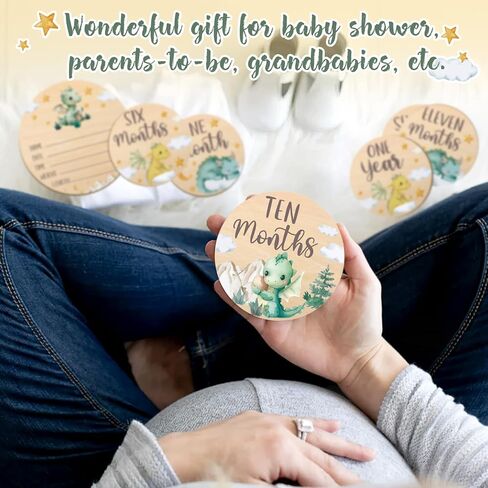 بطاقات معلم شهرية من Huray Rayho Little Dragon Baby علامات خشبية محايدة دعائم تصوير لحديثي الولادة مجموعة من 13 قرصًا خشبيًا من شهر واحد إلى عام واحد، سجل نمو الطفل in Kuwait