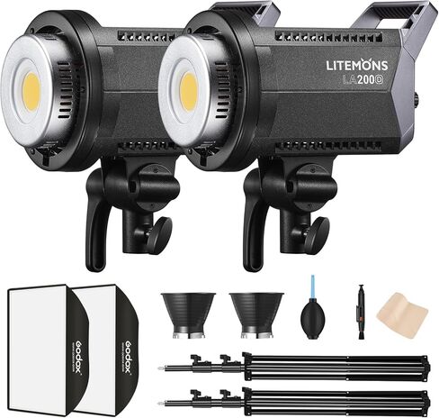 Godox 2 Pack LA150D 380W 5600K طقم إضاءة فيديو مستمر، 190W CRI96+ TLCI97+ 66,600lux@1m ضوء النهار LED، 24 × 36 سوفت بوكس، حامل إضاءة 110 بوصة، عاكس للتصوير في الاستوديو، التصوير الفوتوغرافي للصور in Kuwait
