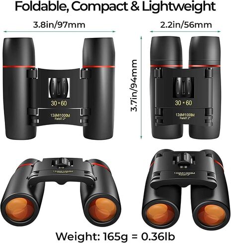 30X60 Mini Pocket Binoculars Compact, Small Lightweight Foldable for Adults Kids Bird Watching, Travel, Opera Concert, Hiking, Cruise, Football Game. Green Film, Black in Saudi Arabia