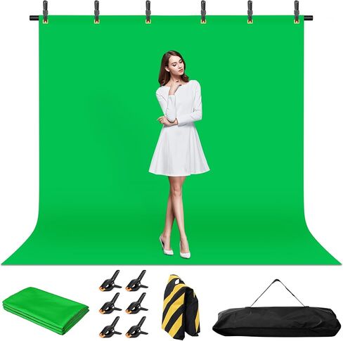 Green Screen Backdrop with Stand, 8x5ft Portable Greenscreen Background with Stand, T-Shape Green Screen Stand kit with 6 Spring Clamps, Sandbag, Carry Bag for Zoom, Video, Streaming and Photoshoot in Kuwait