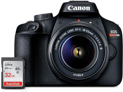 Canon EOS Rebel T100 DSLR Camera with EF-S 18-55mm f/3.5-5.6 III Lens, 18MP APS-C CMOS Sensor, Built-in Wi-Fi, Optical Viewfinder, Impressive Images & Full HD Videos, Includes 32GB SD Card (Renewed) in Saudi Arabia