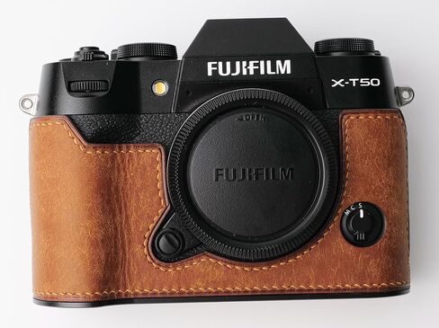 handmade Genuine Leather Camera Half Case for Fujifilm X-T50 - Top Layer Cowhide Body + Metal Base Plate - Hand Shank Free Design (Yellowish Brown) in Kuwait