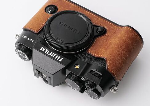 handmade Genuine Leather Camera Half Case for Fujifilm X-T50 - Top Layer Cowhide Body + Metal Base Plate - Hand Shank Free Design (Yellowish Brown) in Kuwait