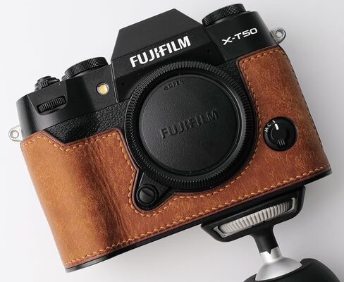 handmade Genuine Leather Camera Half Case for Fujifilm X-T50 - Top Layer Cowhide Body + Metal Base Plate - Hand Shank Free Design (Yellowish Brown) in Kuwait