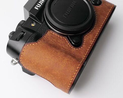 handmade Genuine Leather Camera Half Case for Fujifilm X-T50 - Top Layer Cowhide Body + Metal Base Plate - Hand Shank Free Design (Yellowish Brown) in Kuwait