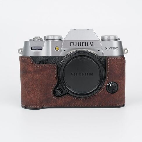 handmade Genuine Leather Camera Half Case for Fujifilm X-T50 - Top Layer Cowhide Body + Metal Base Plate - Hand Shank Free Design (Yellowish Brown) in Kuwait