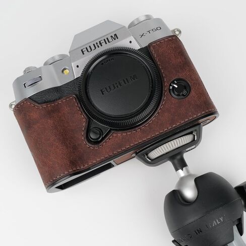 handmade Genuine Leather Camera Half Case for Fujifilm X-T50 - Top Layer Cowhide Body + Metal Base Plate - Hand Shank Free Design (Yellowish Brown) in Kuwait
