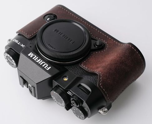 handmade Genuine Leather Camera Half Case for Fujifilm X-T50 - Top Layer Cowhide Body + Metal Base Plate - Hand Shank Free Design (Yellowish Brown) in Kuwait