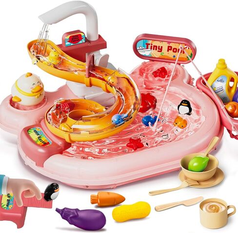 حوض لعب مع مياه جارية، مجموعة ألعاب حوض مطبخ للأطفال وصيد الأسماك مع صنبور كهربائي، ملحقات مطبخ الألعاب، لعب الطعام، مجموعة لعب دور التظاهر لهدايا عيد ميلاد الفتيات الصغيرات in Kuwait