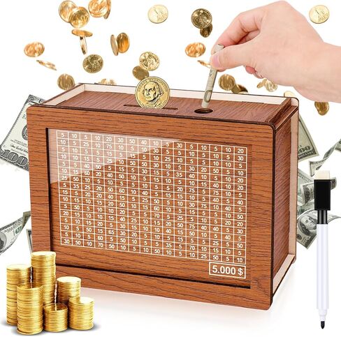 صندوق نقود مع عداد، صندوق نقود خشبي قابل لإعادة الاستخدام، بنك أصبع قديم مع 500 1000 2000 3000 5000 10000 هدف توفير المال، بنك نقود خشبي للأطفال البالغين لإنشاء صندوق للطوارئ in Kuwait