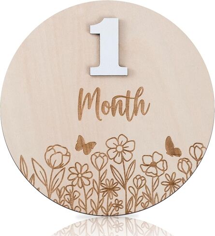 Wildflower Baby Monthly Milestone، علامات خشبية لمعلم الطفل، أقراص خشبية لمعلم شهري، بطاقات دعائم صور الطفل مجموعة أرقام قابلة للتبديل مكونة من 12 لتسجيل نمو الطفل in Kuwait