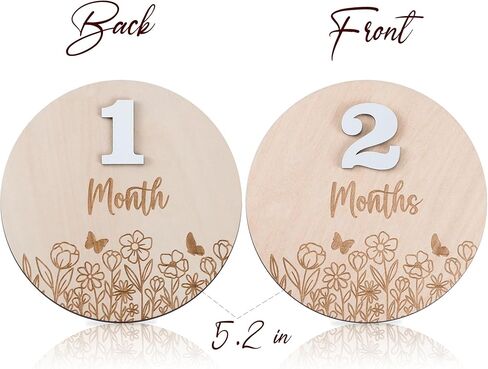 Wildflower Baby Monthly Milestone، علامات خشبية لمعلم الطفل، أقراص خشبية لمعلم شهري، بطاقات دعائم صور الطفل مجموعة أرقام قابلة للتبديل مكونة من 12 لتسجيل نمو الطفل in Kuwait
