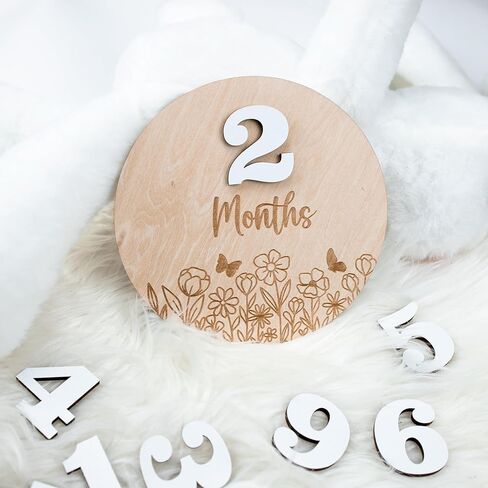 Wildflower Baby Monthly Milestone، علامات خشبية لمعلم الطفل، أقراص خشبية لمعلم شهري، بطاقات دعائم صور الطفل مجموعة أرقام قابلة للتبديل مكونة من 12 لتسجيل نمو الطفل in Kuwait