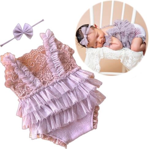 Zeroest Newborn Baby Girl Photography Props Stretch Romper with Lace Trim & Headband,Newborn Outfit for Photoshot in Saudi Arabia