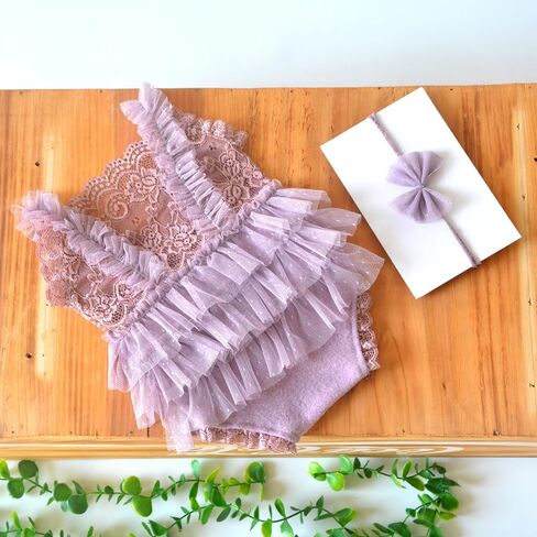 Zeroest Newborn Baby Girl Photography Props Stretch Romper with Lace Trim & Headband,Newborn Outfit for Photoshot in Saudi Arabia