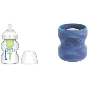 Dr. Brown's Natural Flow Anti-Colic Options+ Wide-Neck Glass Baby Bottle 5 oz/150 ml & Natural Flow Options+ Glass Baby Bottle Sleeves,100% Silicone,5 oz,Wide-Neck