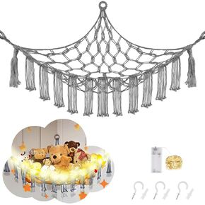 CERETIA Stuffed Animal Hammock with LED Light, Macrame Net for Stuffed Animals Corner, Hanging Stuffed Animal Net or Hammock, Toy Hammock for Stuffed Animals Storage for Kids Toy Storage, White