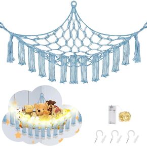 CERETIA Stuffed Animal Hammock with LED Light, Macrame Net for Stuffed Animals Corner, Hanging Stuffed Animal Net or Hammock, Toy Hammock for Stuffed Animals Storage for Kids Toy Storage, White