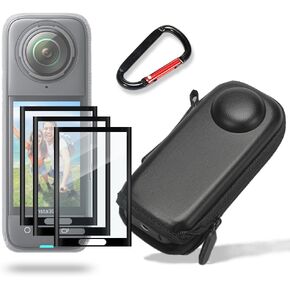 Screen Protector (3+1Pack) Compatible for Insta360 X4 Camera,Full Coverage 3D Curved Edge Frame Anti-Scratch High Definition and Hard Shell Travel Storage Carrying Case, Black