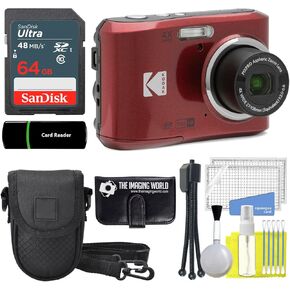 KODAK PIXPRO FZ45 16MP Digital Camera 4X Optical Zoom 27mm Wide Angle 1080P Full HD Video 2.7" LCD Camera (Red) + 64GB Card and Reader + Case + Memory Wallet + Tripod + Cleaning Bundle