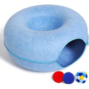 Large Cat Tunnel Bed for Indoor Cats with 3 Toys, Scratch Resistant Donut Cat Bed, Up to 30 Lbs (L 24x24x11, Dark Grey)