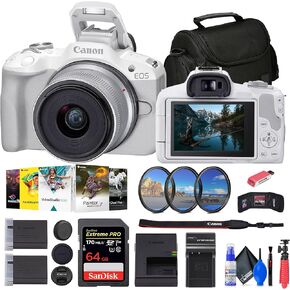 Canon EOS R50 Mirrorless Camera with 18-45mm Lens (White) (5812C012) + 64GB Card + Filter Kit + Corel Photo Software + Bag + Charger + LPE17 Battery + Card Reader + Flexible Tripod + More (Renewed)